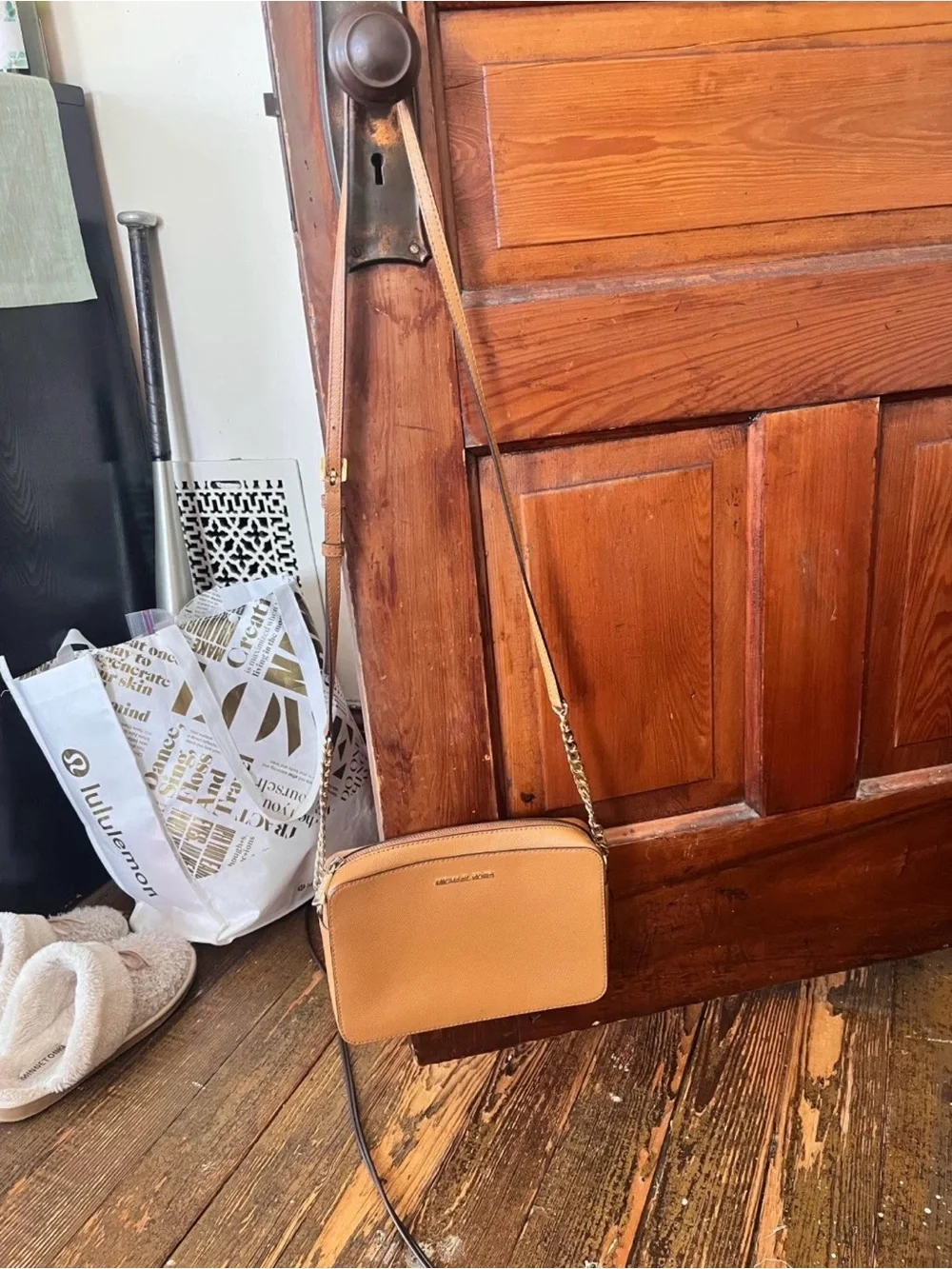 Michael Kors Brown Leather Crossbody Camera Bag with Gold Hardware